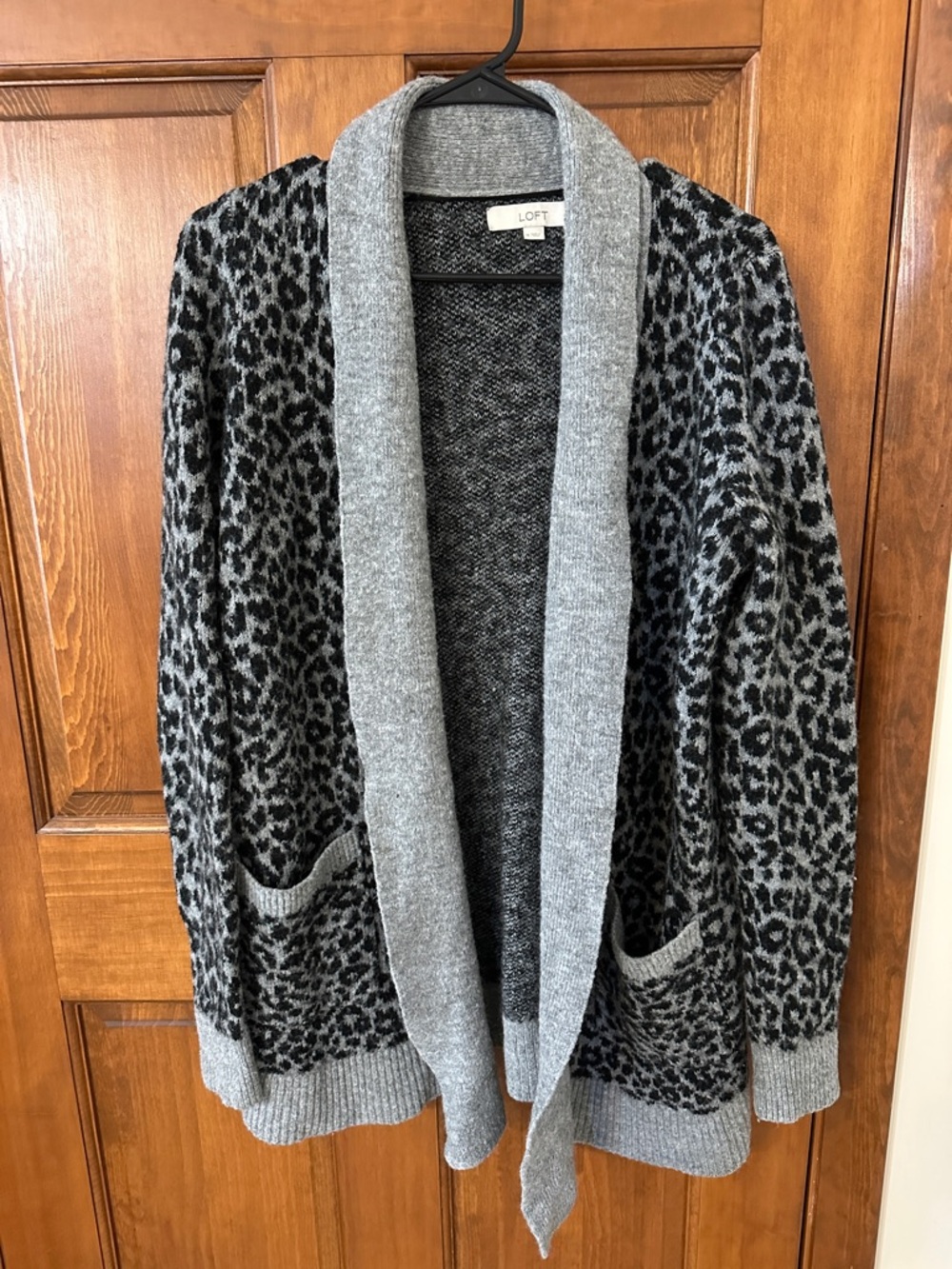 LOFT Black and Gray Leopard-Print Open Cardigan